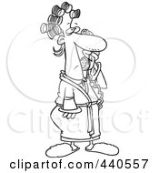 Poster, Art Print Of Cartoon Black And White Outline Design Of A Woman In Curlers And Her Robe Answering A Phone Call