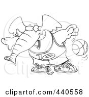 Royalty Free RF Clip Art Illustration Of A Cartoon Black And White Outline Design Of A Basketball Elephant