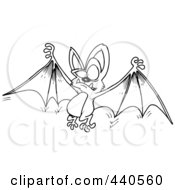 Poster, Art Print Of Cartoon Black And White Outline Design Of A Flying Bat Holding His Wings Open