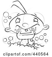 Poster, Art Print Of Cartoon Black And White Outline Design Of A Baby Boy Eating Soap In The Bath Tub