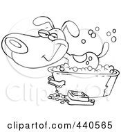 Cartoon Black And White Outline Design Of A Happy Dog Bathing In A Tub