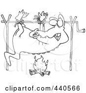 Royalty Free RF Clip Art Illustration Of A Cartoon Black And White Outline Design Of An Alligator Cooking Over A Camp Fire