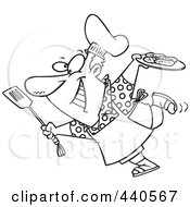 Poster, Art Print Of Cartoon Black And White Outline Design Of A Man Carrying A Plate Of Food To His Bbq