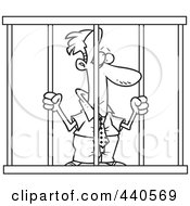 Royalty Free RF Clip Art Illustration Of A Cartoon Black And White Outline Design Of A Businessman Behind Bars by toonaday