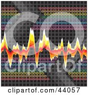 Clipart Illustration Of A Background Of Rainbow Colored Circles On A Grid With A Fiery Equalizer Line