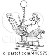 Cartoon Black And White Outline Design Of A Male Barber Standing By His Chair And Holding Up Scissors