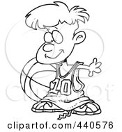 Royalty Free RF Clip Art Illustration Of A Cartoon Black And White Outline Design Of A Basketball Boy With A Big Ball