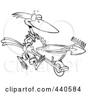 Poster, Art Print Of Cartoon Black And White Outline Design Of A Bird Landscaper Pushing A Wheel Barrow
