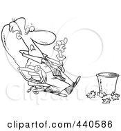 Poster, Art Print Of Cartoon Black And White Outline Design Of A Lazy Businessman Sitting In A Chair And Tossing Papers In A Waste Basket
