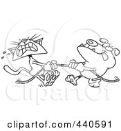 Poster, Art Print Of Cartoon Black And White Outline Design Of A Bull Dog And Cat Playing Tug Of War