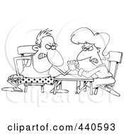 Cartoon Black And White Outline Design Of A Married Couple Arm Wrestling