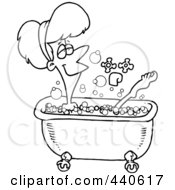 Poster, Art Print Of Cartoon Black And White Outline Design Of A Relaxed Woman Taking A Bath