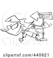 Royalty Free RF Clip Art Illustration Of A Cartoon Black And White Outline Design Of A Female Bargain Shopper Following Signs