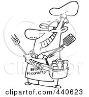Royalty Free RF Clip Art Illustration Of A Cartoon Black And White Outline Design Of A Man Wearing A Bbq Royalty Apron