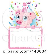 Poster, Art Print Of Cute Piglet Birthday Party Invitation With A Blank Sign Over Blue