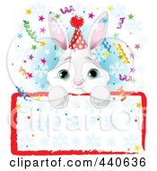 Poster, Art Print Of Cute Bunny Birthday Party Invitation With A Blank Sign Over Blue