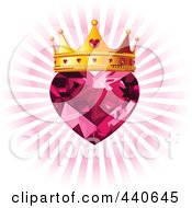 Poster, Art Print Of Ruby Heart With A Golden Crown Over A Pink Burst
