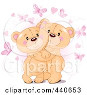 Poster, Art Print Of Cute Teddy Bears Hugging Under Hearts And Butterflies Over Pink