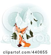 Poster, Art Print Of Cute Fox Sitting By Evergreens In The Snow