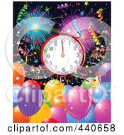 Poster, Art Print Of New Years Background With Party Balloons Confetti And A Clock At Midnight
