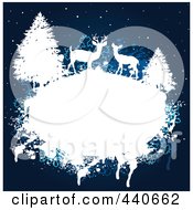 Poster, Art Print Of Grungy White Frame With Deer And Evergreens Over A Blue Winter Background