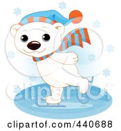 Poster, Art Print Of Cute Polar Bear Ice Skating In The Snow Over Blue