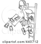 Poster, Art Print Of Cartoon Black And White Outline Design Of A Mason Carrying Bricks On A Ladder