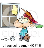 Poster, Art Print Of Cartoon Baseball Boy Looking At A Broken Window