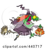 Royalty Free RF Clip Art Illustration Of A Cartoon Halloween Witch Flying On Her Broom