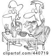 Royalty Free RF Clip Art Illustration Of A Cartoon Black And White Outline Design Of A Couple Eating Breakfast Together