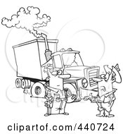 Cartoon Black And White Outline Design Of A Police Man Assisting A Trucker With A Broken Down Rig