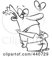 Royalty Free RF Clip Art Illustration Of A Cartoon Black And White Outline Design Of A Man With A Broken Heart