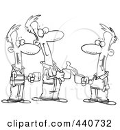 Royalty Free RF Clip Art Illustration Of A Cartoon Black And White Outline Design Of Three Brothers Talking Over Coffee