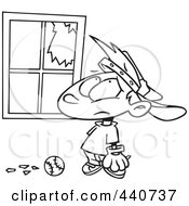 Royalty Free RF Clip Art Illustration Of A Cartoon Black And White Outline Design Of A Baseball Boy Looking At A Broken Window by toonaday