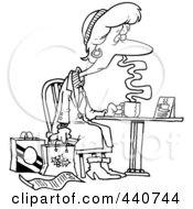 Royalty Free RF Clip Art Illustration Of A Cartoon Black And White Outline Design Of A Tired Christmas Shopper Drinking Coffee