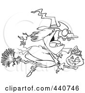 Royalty Free RF Clip Art Illustration Of A Cartoon Black And White Outline Design Of A Halloween Witch Flying On Her Broom
