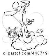Poster, Art Print Of Cartoon Black And White Outline Design Of An Angel Holding A Broken Lyre