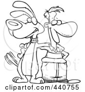 Royalty Free RF Clip Art Illustration Of A Cartoon Black And White Outline Design Of A Man And Dog Standing Together
