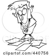 Poster, Art Print Of Cartoon Black And White Outline Design Of A Berated Businesswoman Standing Over Papers