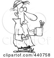 Cartoon Black And White Outline Design Of A Poor Man Begging With A Pencil Cup