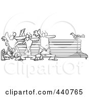 Poster, Art Print Of Cartoon Black And White Outline Design Of Three Men Watching A Bird On A Bench