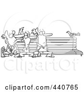 Royalty Free RF Clip Art Illustration Of A Cartoon Black And White Outline Design Of Three Men Watching A Bird On A Bench