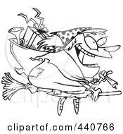 Royalty Free RF Clip Art Illustration Of A Cartoon Black And White Outline Design Of A Befana Witch Flying With Gifts