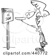 Poster, Art Print Of Cartoon Black And White Outline Design Of A Woman Staring At Beware Of Sign Text On A Board