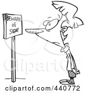 Royalty Free RF Clip Art Illustration Of A Cartoon Black And White Outline Design Of A Woman Staring At Beware Of Sign Text On A Board