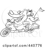 Royalty Free RF Clip Art Illustration Of A Cartoon Black And White Outline Design Of A Bear Couple On A Motorcycle by toonaday