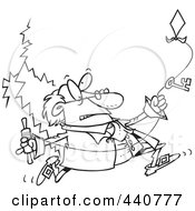 Royalty Free RF Clip Art Illustration Of A Cartoon Black And White Outline Design Of Ben Franklin Running With A Kite