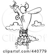 Royalty Free RF Clip Art Illustration Of A Cartoon Black And White Outline Design Of A Happy Man Wearing A Flying Beanie Hat