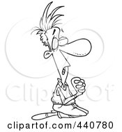 Royalty Free RF Clip Art Illustration Of A Cartoon Black And White Outline Design Of A Man Kneeling And Begging