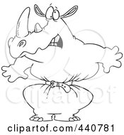 Cartoon Black And White Outline Design Of A Rhino Wearing A Tight Belt